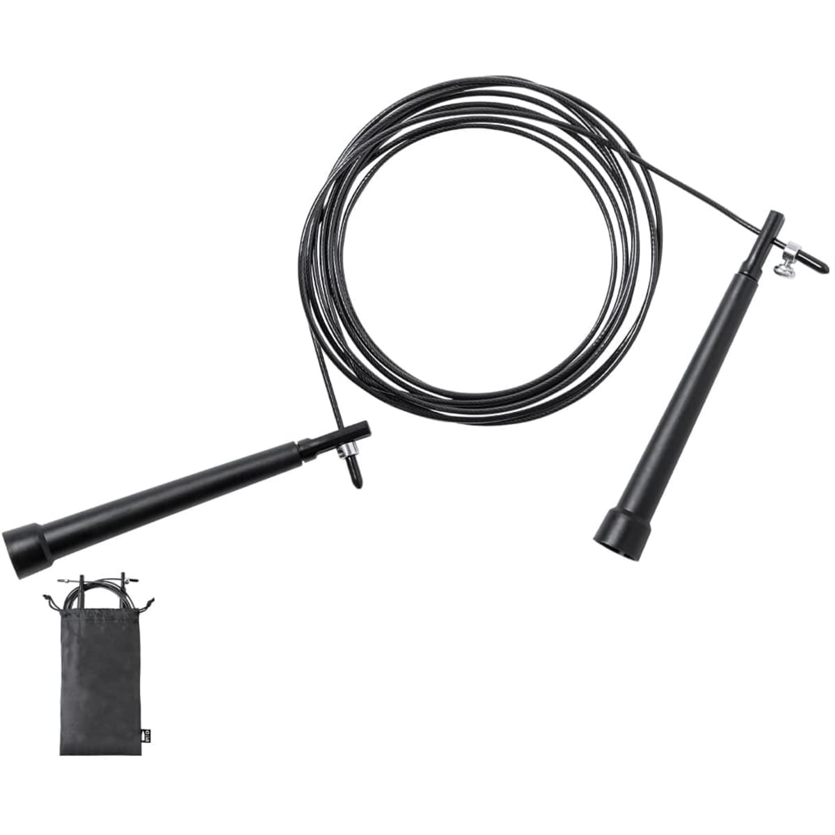 A black jump rope with detachable handles and a carrying bag, designed for fitness activities.