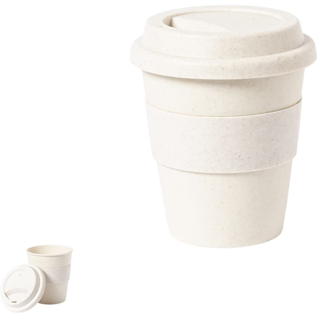 A drink bottle with a beige, stackable design, featuring a lid and two removable sections. It has a logo on the side.