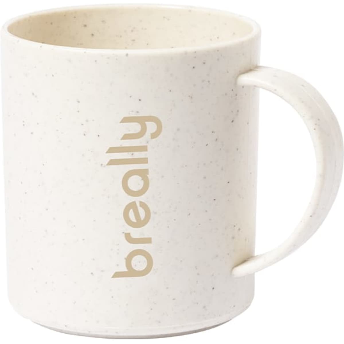 A coffee mug in a speckled off-white colour with a handle and a logo. Ideal for everyday use.