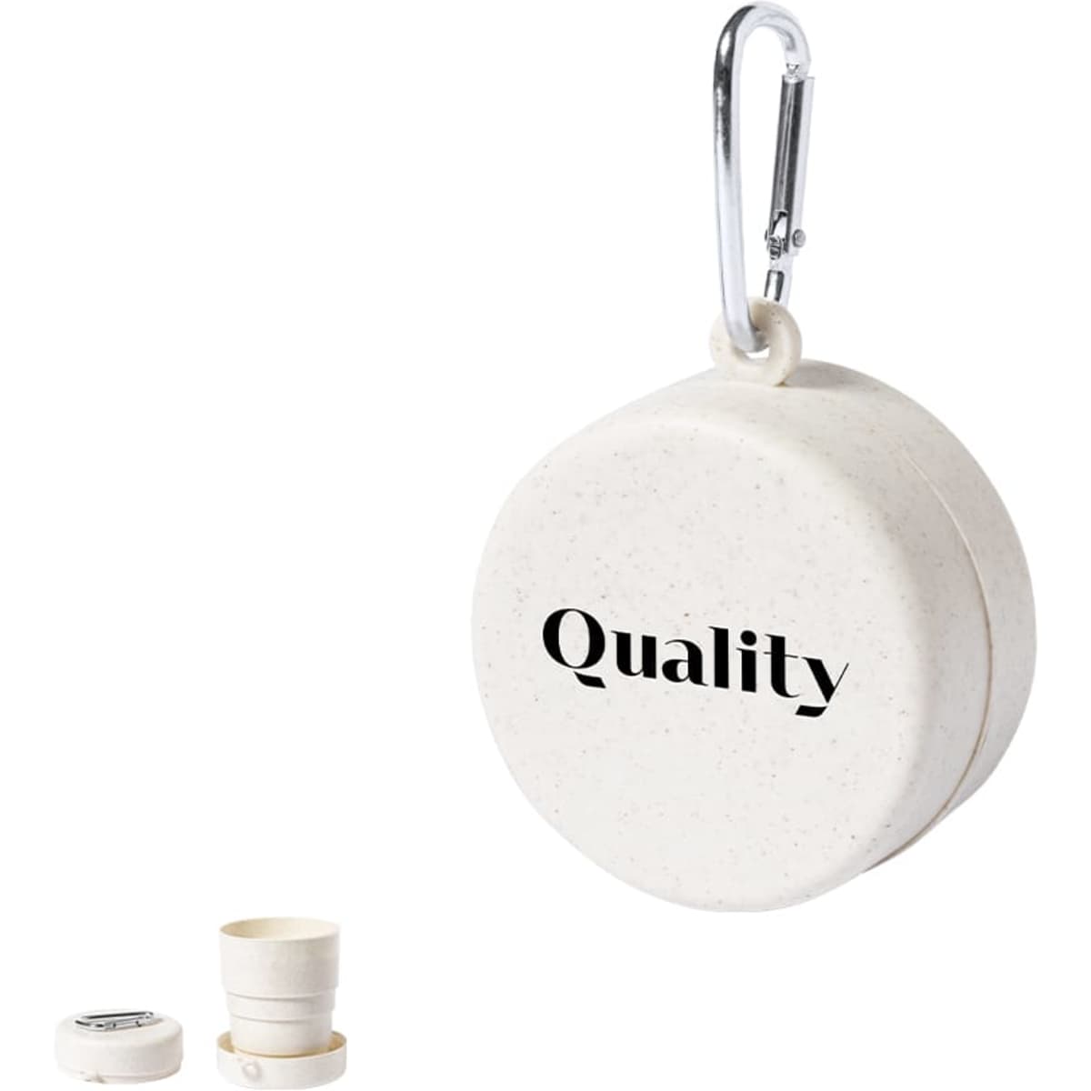 A foldable drink cup in off-white with a carabiner for easy attachment. Features a logo on the surface.
