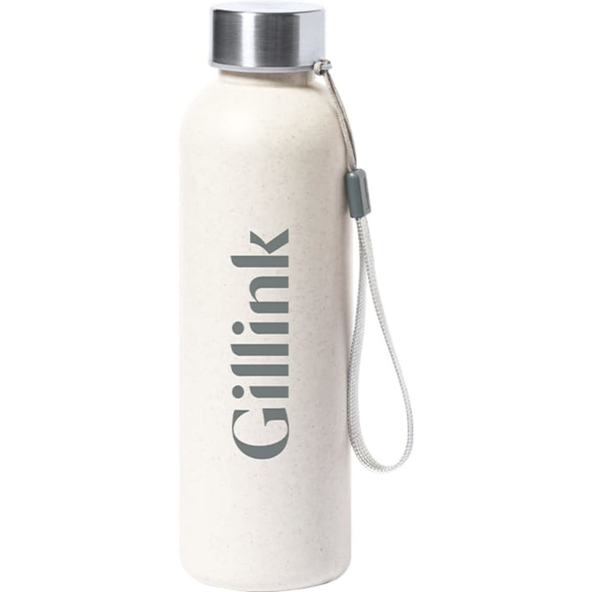 A drink bottle in a creamy white colour with a silver lid and a branding logo. Features a handy strap.