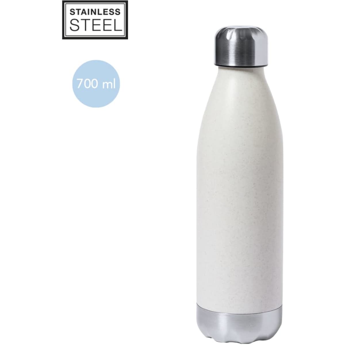 A drink bottle made of stainless steel, featuring a sleek white finish, with a silver cap, holding 700 ml.