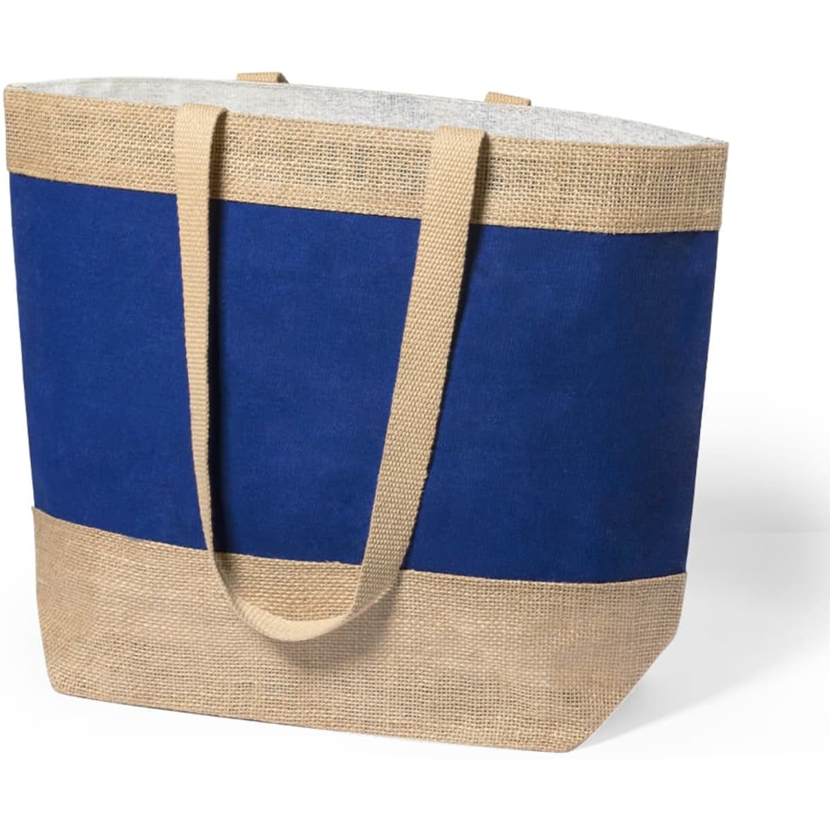 A tote bag featuring a blue upper section and a natural burlap lower section, with sturdy handles.