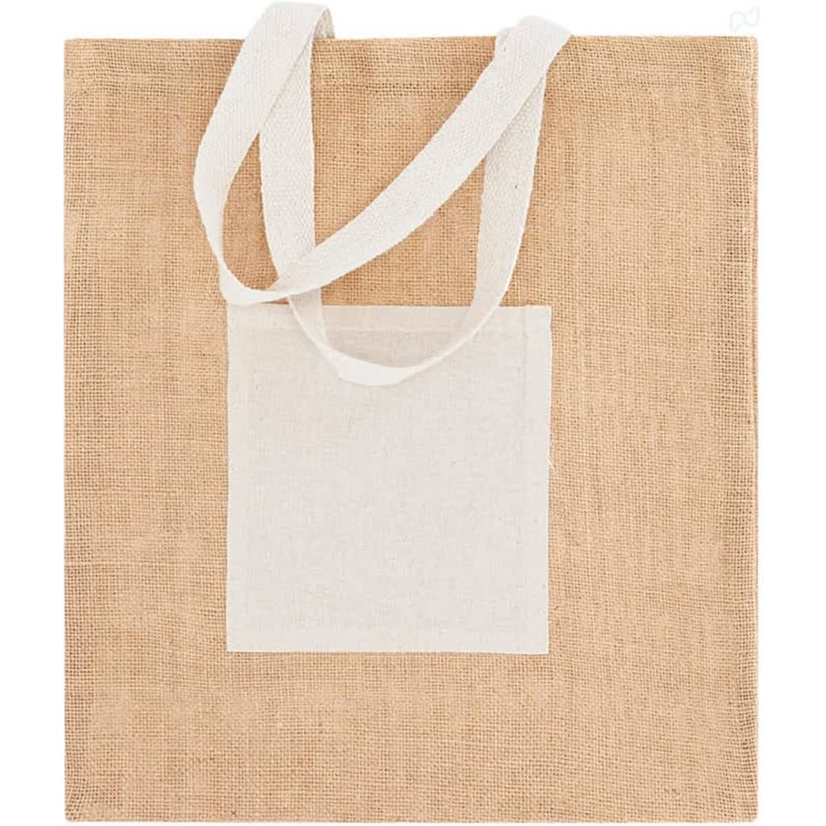 A beige tote bag with a light-coloured pocket and dual fabric handles. It features a branding logo.