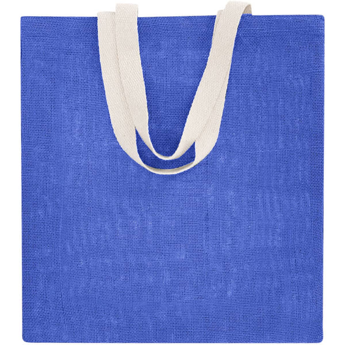 A blue tote bag with cream handles and a simple design, featuring a logo.