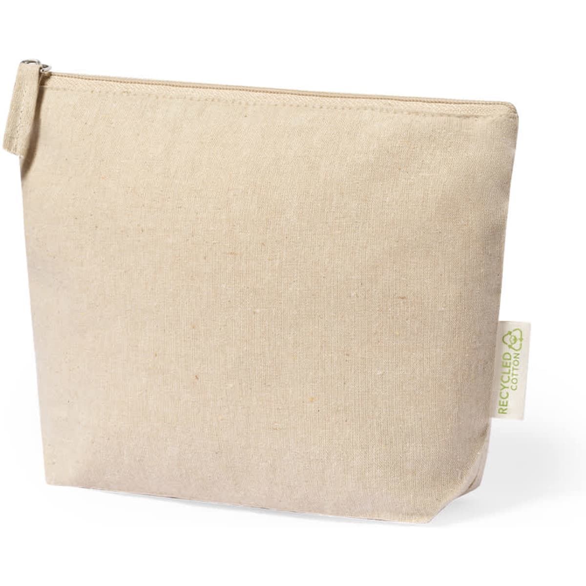 A beige toiletry bag with a zipper closure and a logo tag, made from recycled cotton.