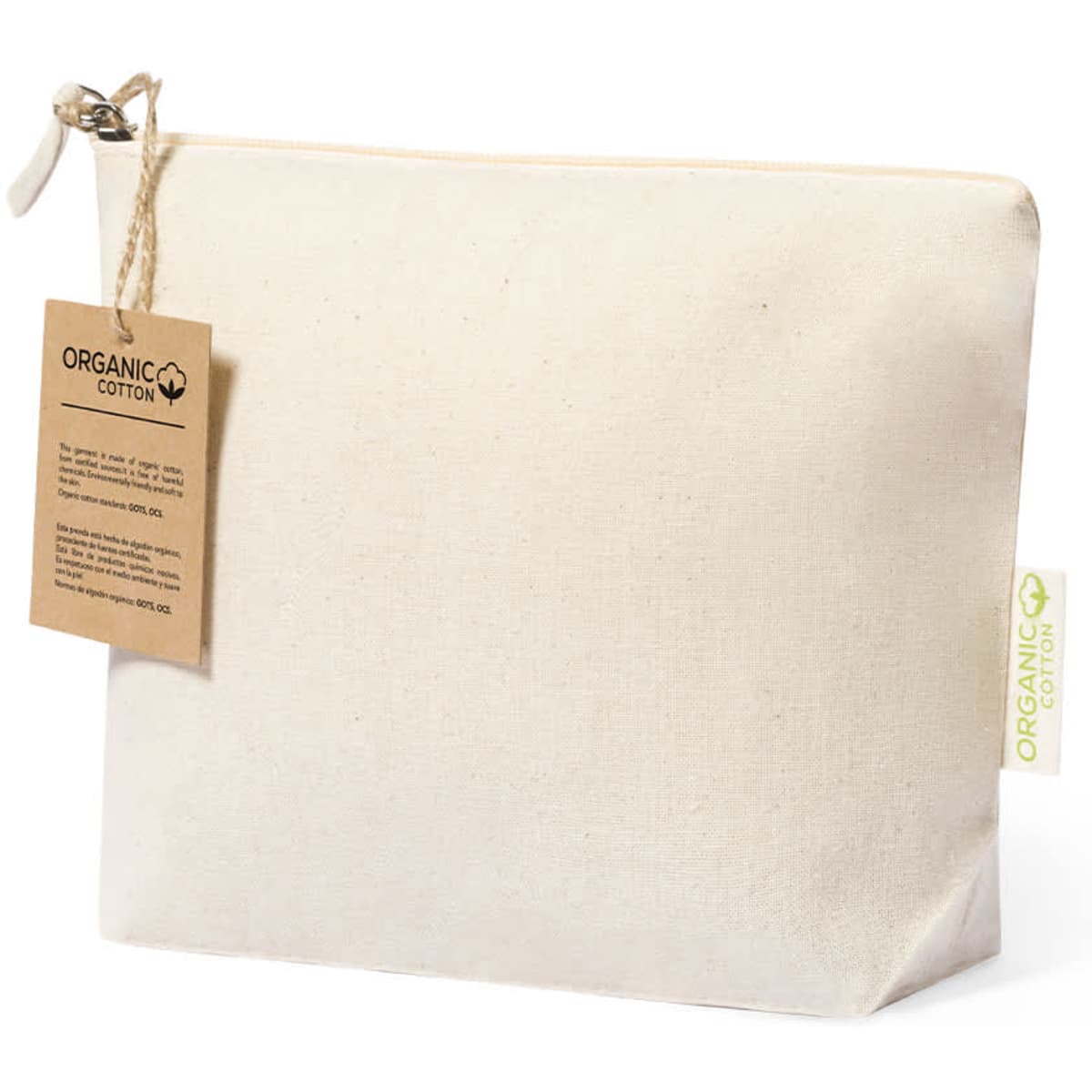 A cream-coloured toiletry bag made of organic cotton, featuring a zipper and a small tag.
