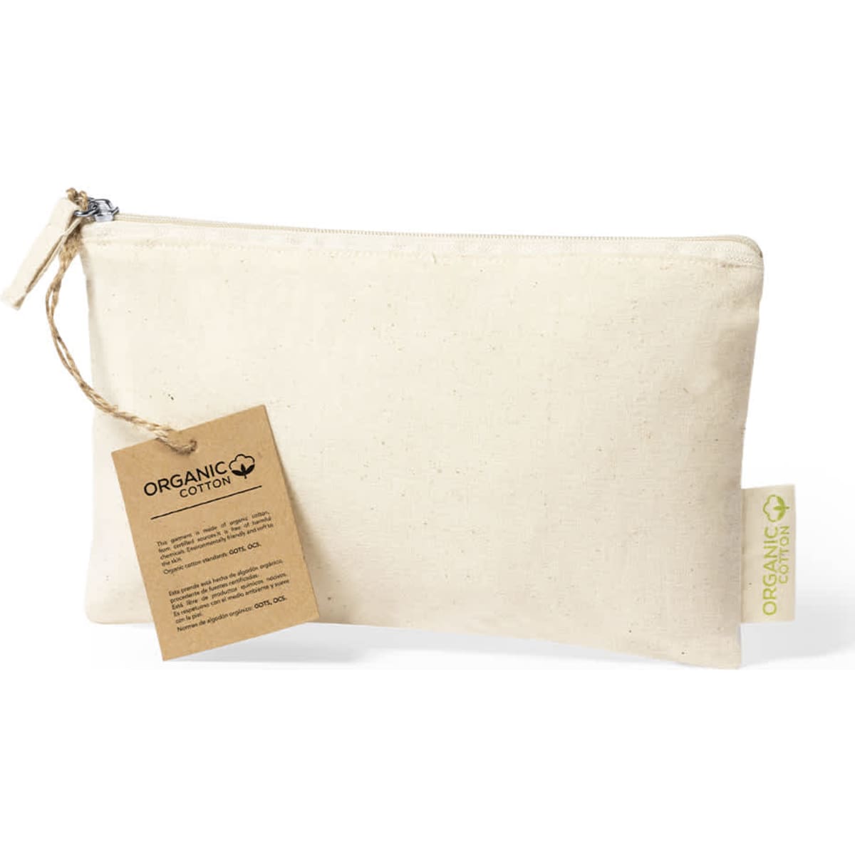 A beige toiletry bag made of organic cotton, featuring a zipper and a tag with information.