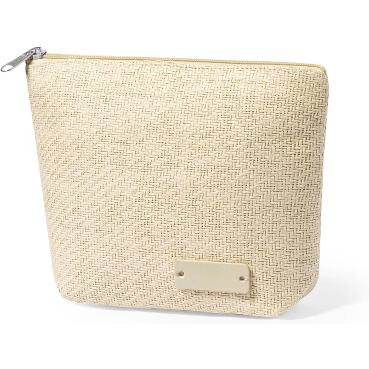 A beige toiletry bag with a textured design and a small logo patch. It has a zip closure.