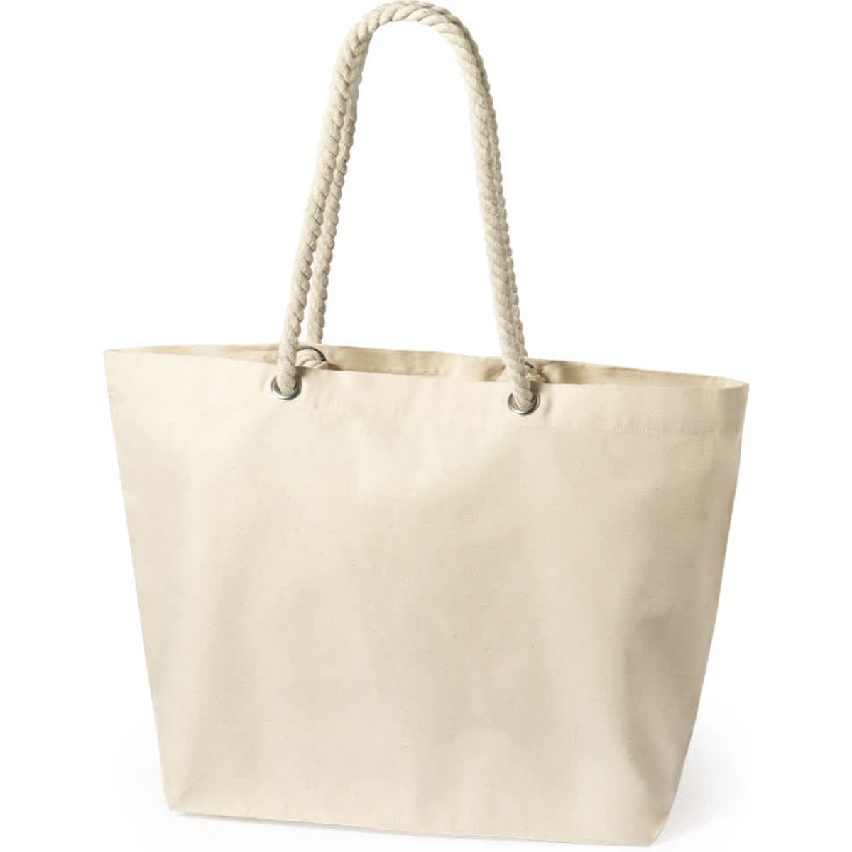 A beige tote bag with rope handles and a spacious design. It features a simple, unbranded style.