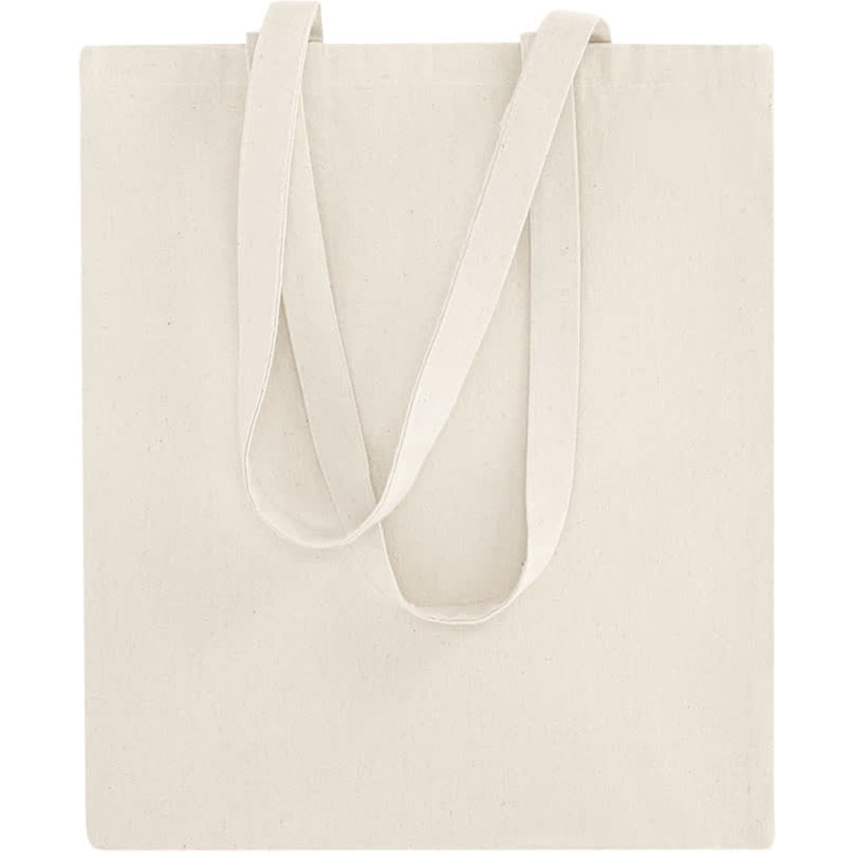 A cream tote bag with two long handles and a simple design, featuring a branding logo.
