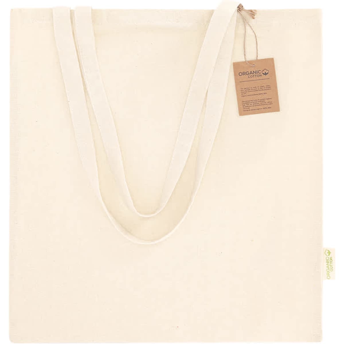 A light cream-coloured tote bag with two handles and a tag attached. It features a logo.