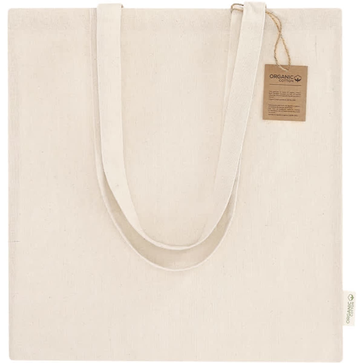 A natural-coloured tote bag with two straps and a tag, featuring a logo on the side.