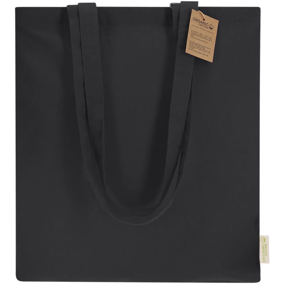 A black tote bag with two handles and a tag attached. Features a simple design and a branded label.