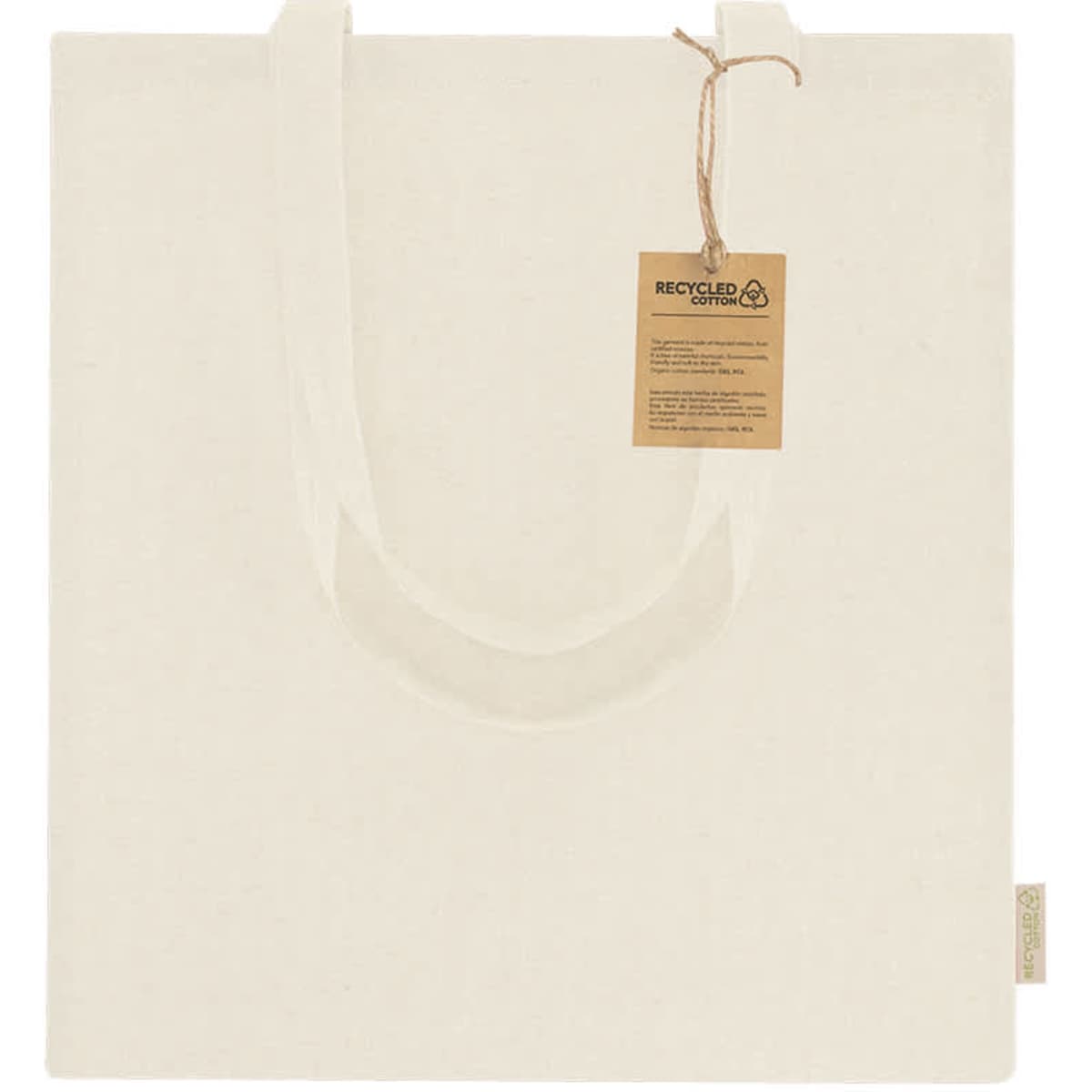 A cream-coloured tote bag with two handles and a tag. The bag is made of recycled material.