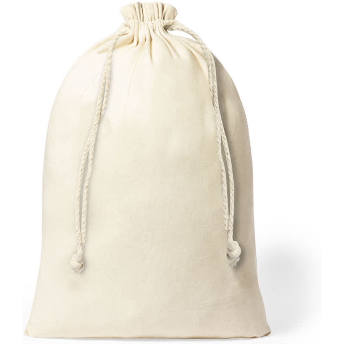 A drawstring bag in a natural cream colour with a cinched top and a simple design. It features a logo.