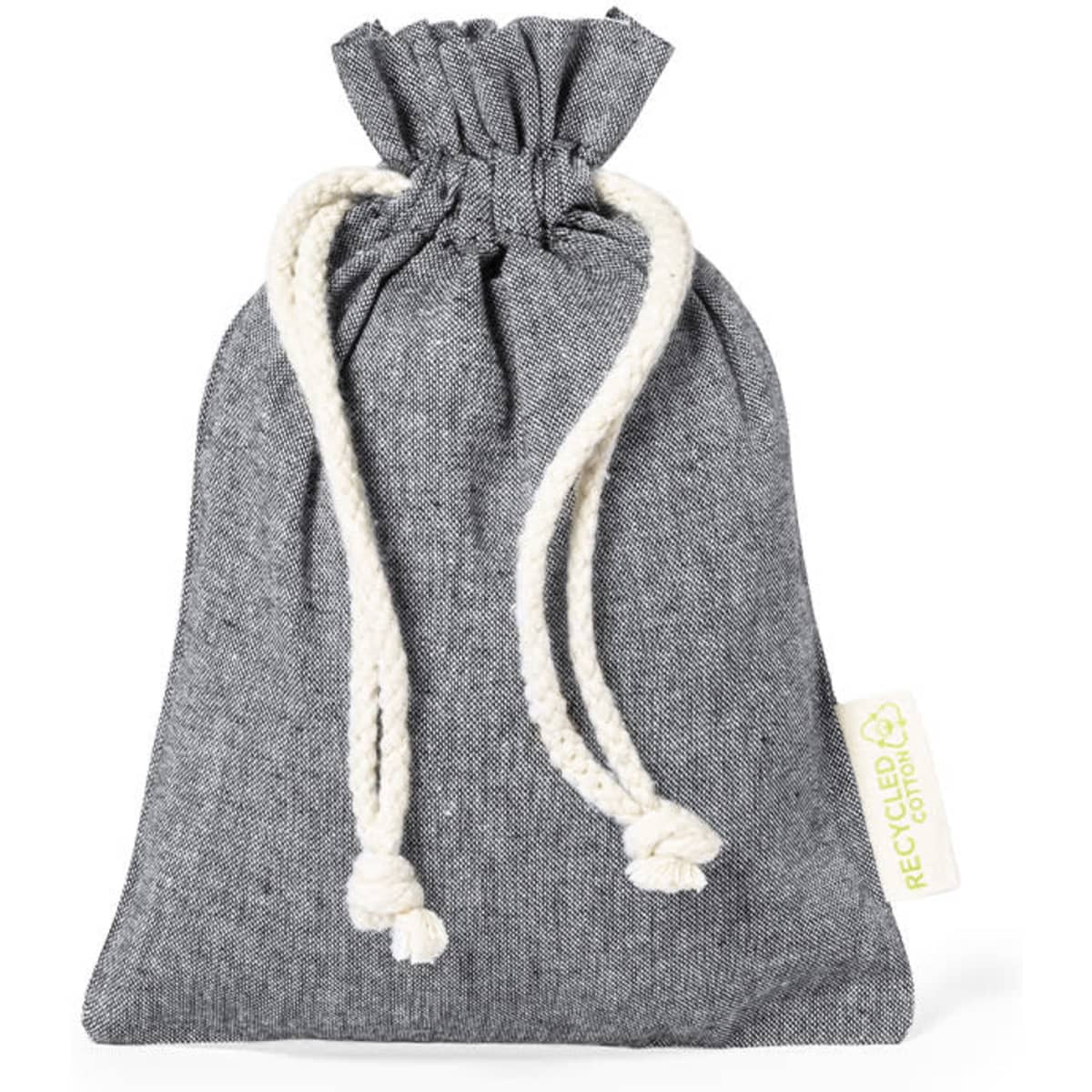 A drawstring bag in grey fabric with cream-coloured cords and a small tag.