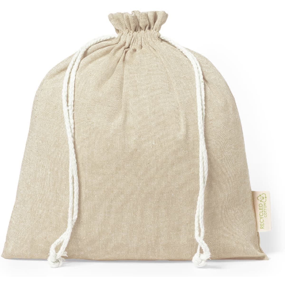 A beige drawstring bag with a natural texture and a logo tag.