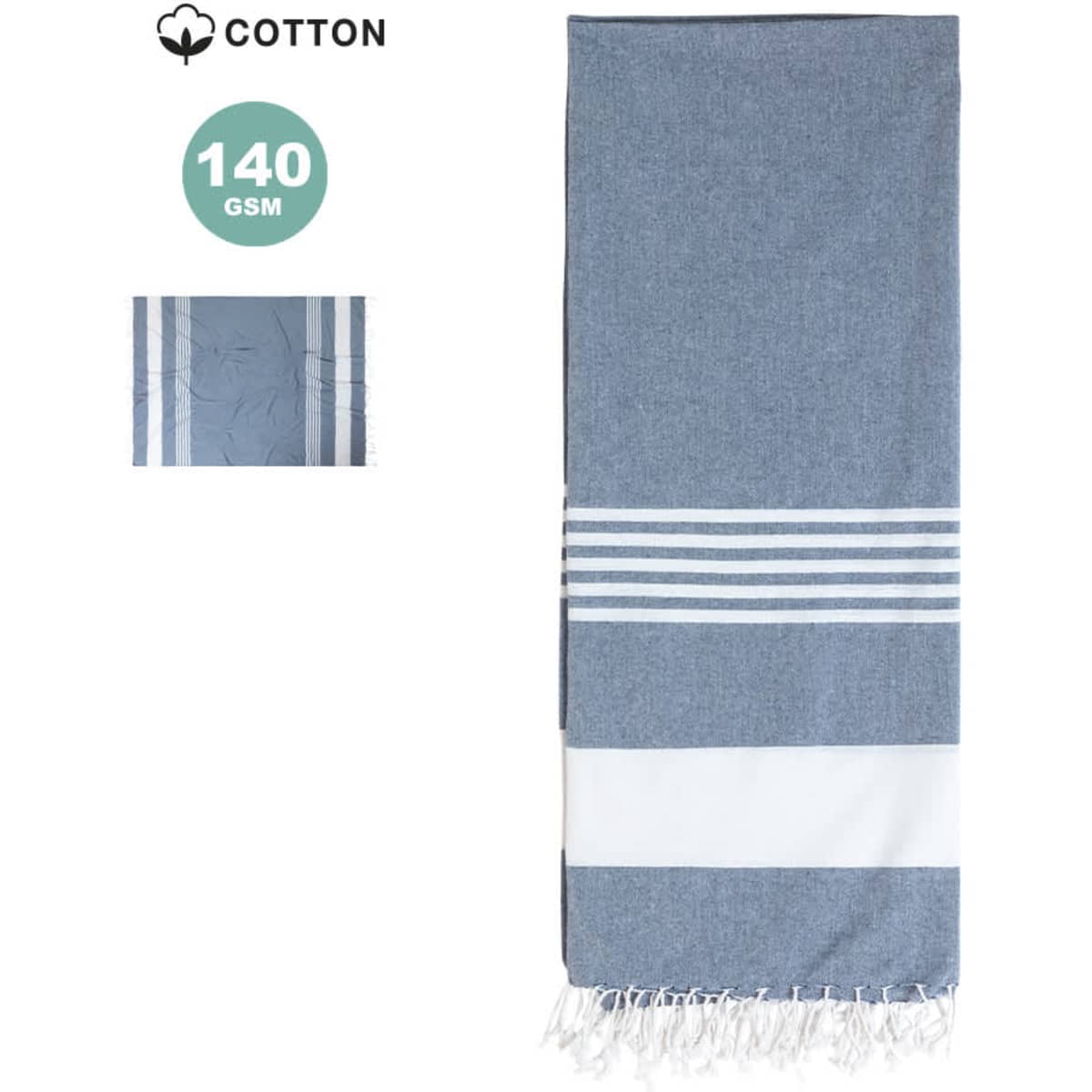 A blue cotton beach mat with white stripes and fringed edges, featuring a logo.