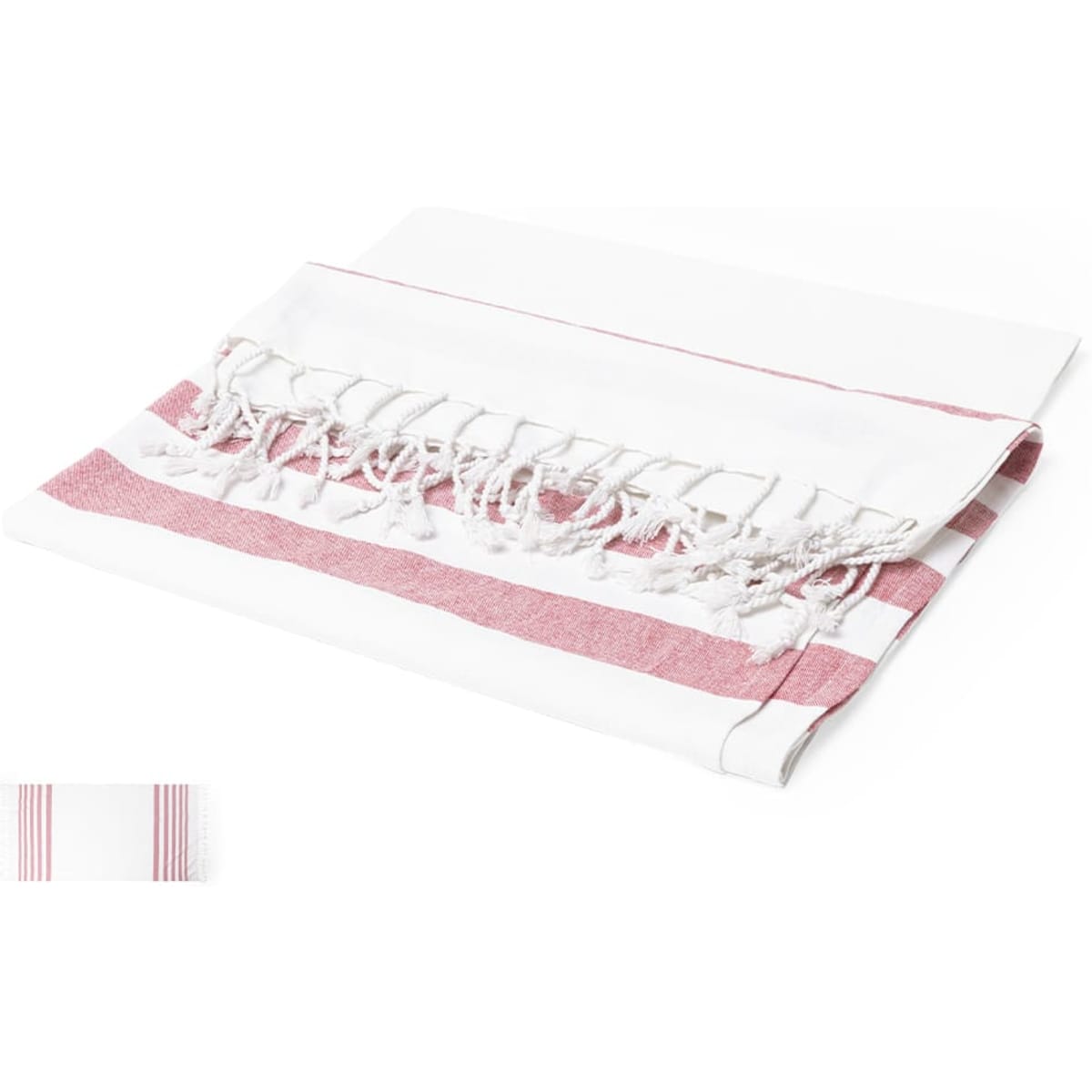 A white towel with pink stripes and fringed edges, featuring a logo on the corner.