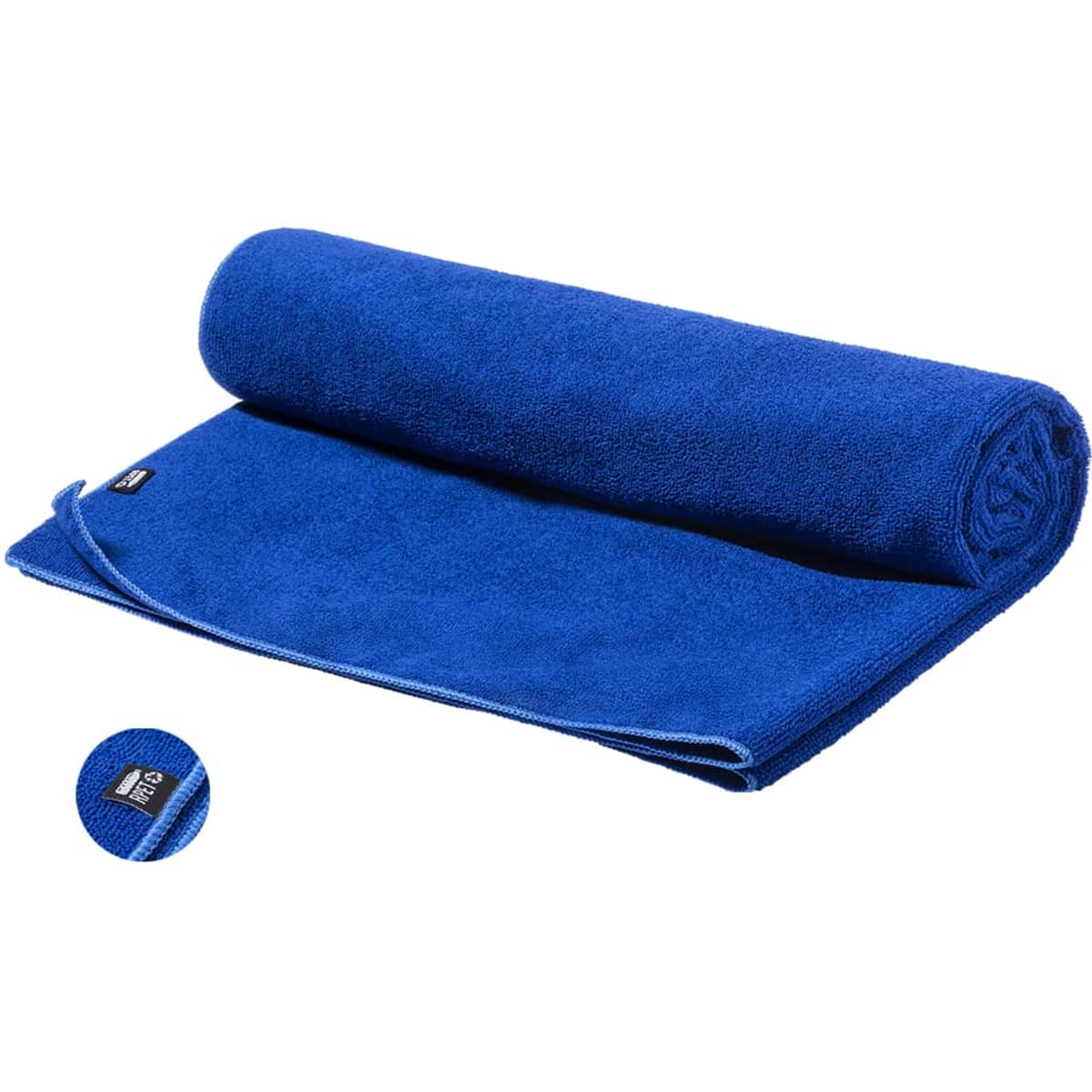 A rolled blue cooling towel with a smooth texture, featuring a small logo on one corner.