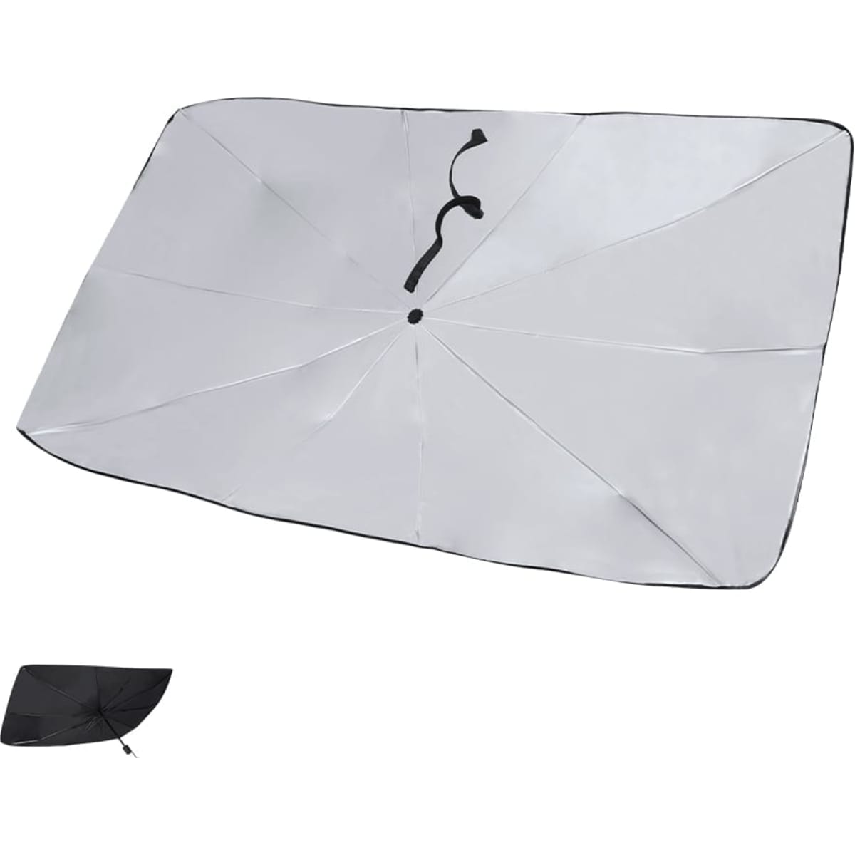 A large, foldable sunshade in white with a black trim, featuring a central fastening button and an attached storage pouch.