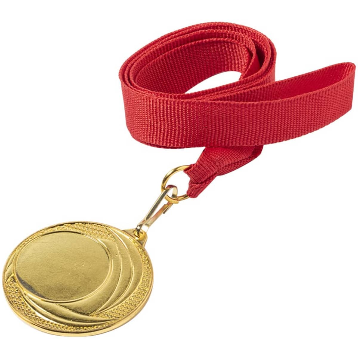 A gold medal with a smooth surface and a red ribbon attached. The medal features a decorative edge and a clasp.