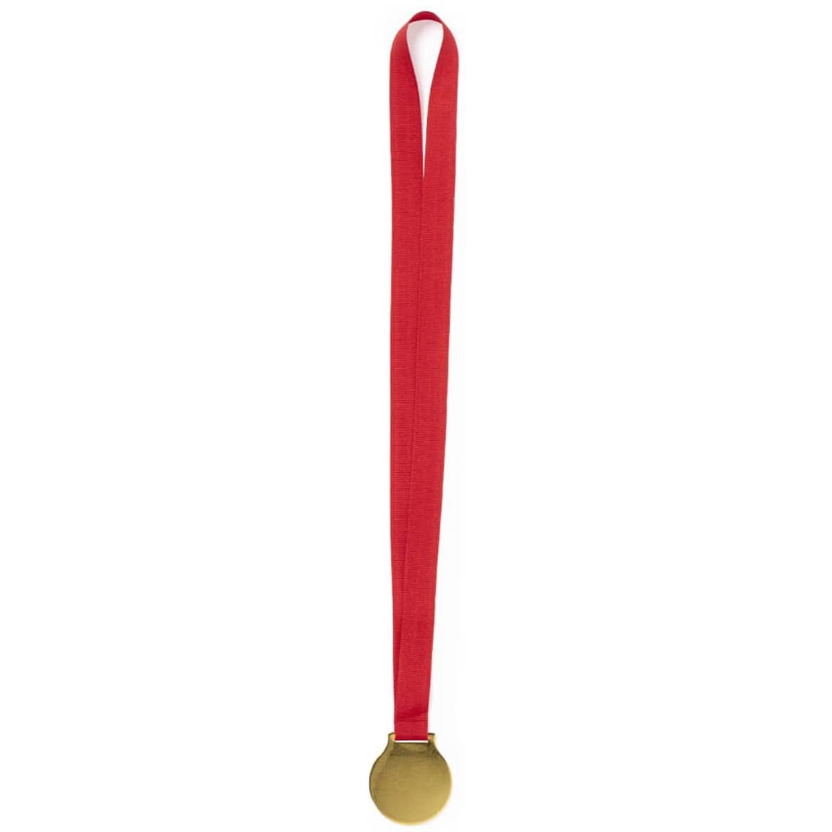 A gold medal with a red ribbon. The medal includes a logo but no additional text or details.