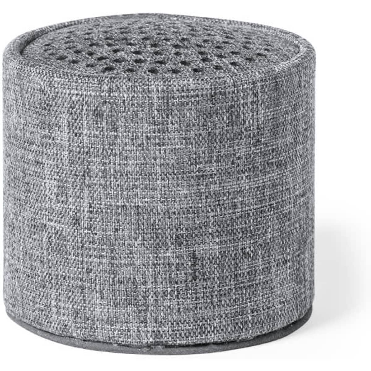 A grey upholstered round ottoman with a textured top and a solid base. It features a simple and modern design.