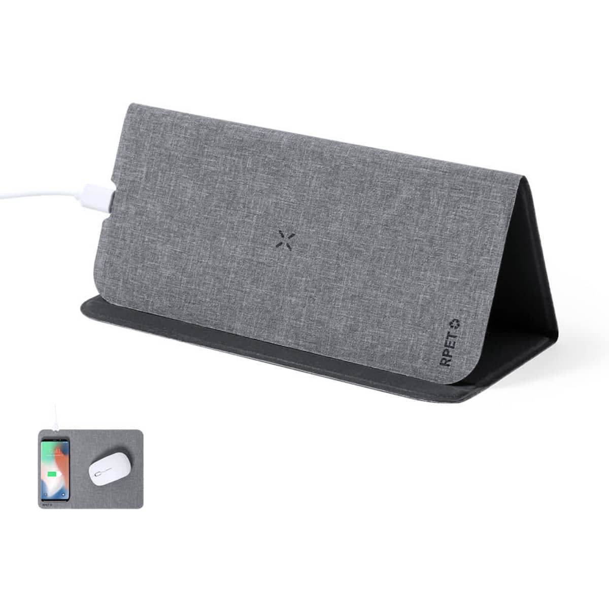 A wireless charger with a grey fabric finish, featuring a logo and a charging cable attached.