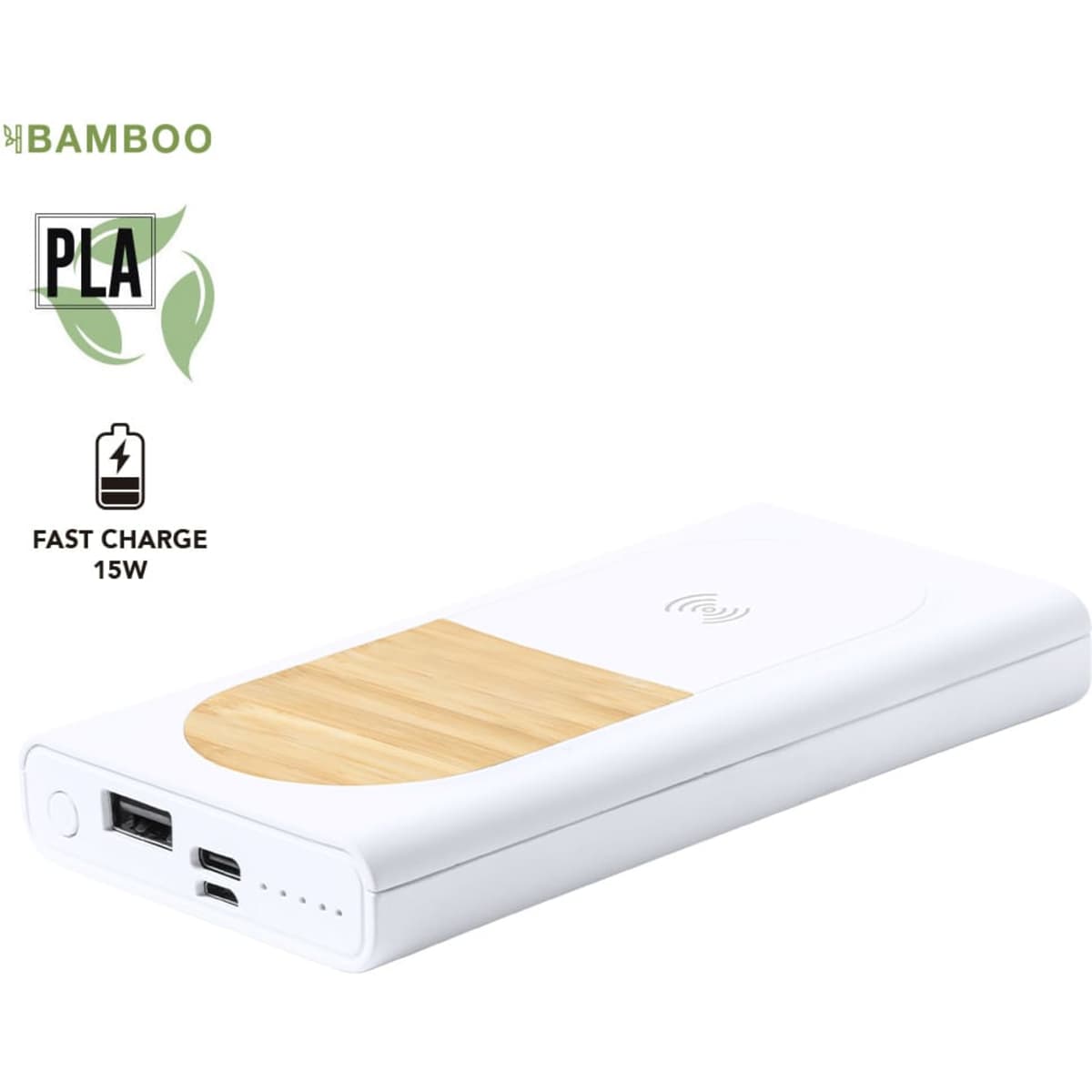 A white power bank with a bamboo panel and a logo, featuring USB ports and wireless charging capability.