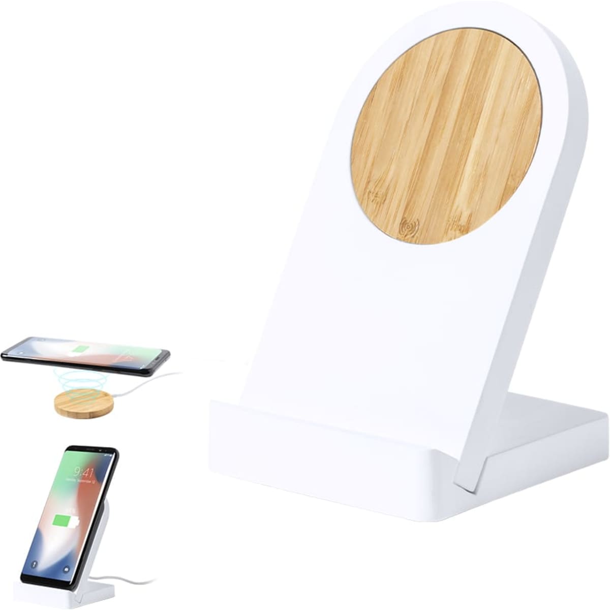A wireless charger with a white base and a circular bamboo charging surface, displaying two phones charging.