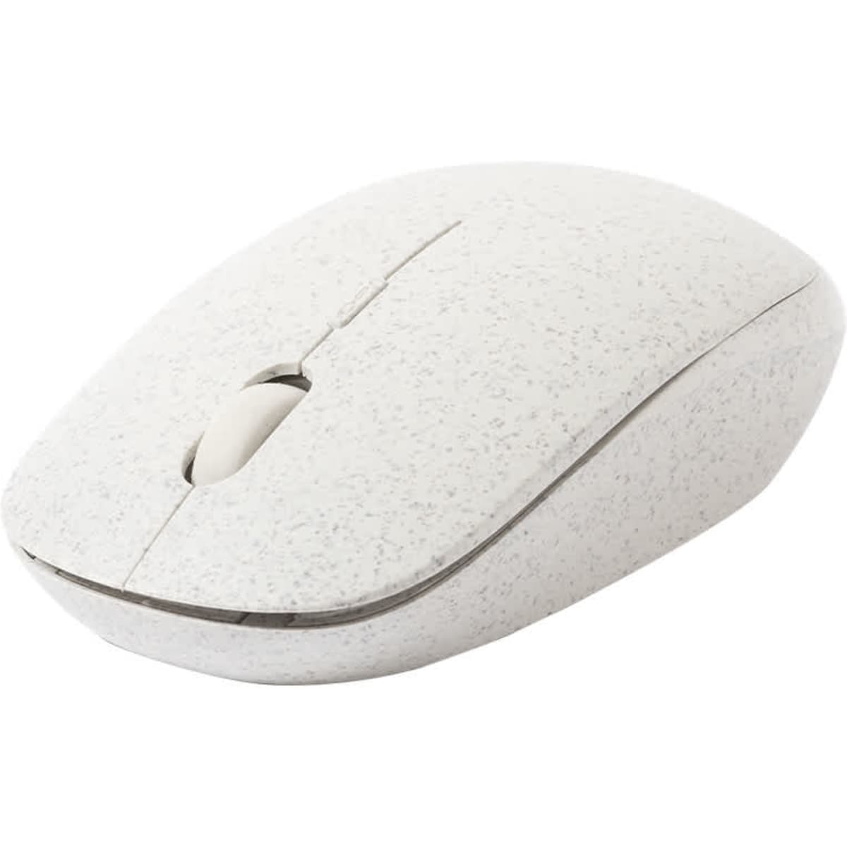 A wireless mouse in a speckled white design, featuring a smooth shape and a simple scroll wheel.
