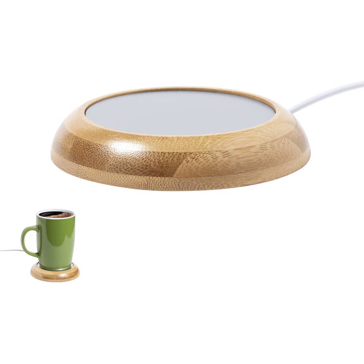A bamboo heating base for mugs in a circular shape, paired with a green cup. It has a visible power cord.