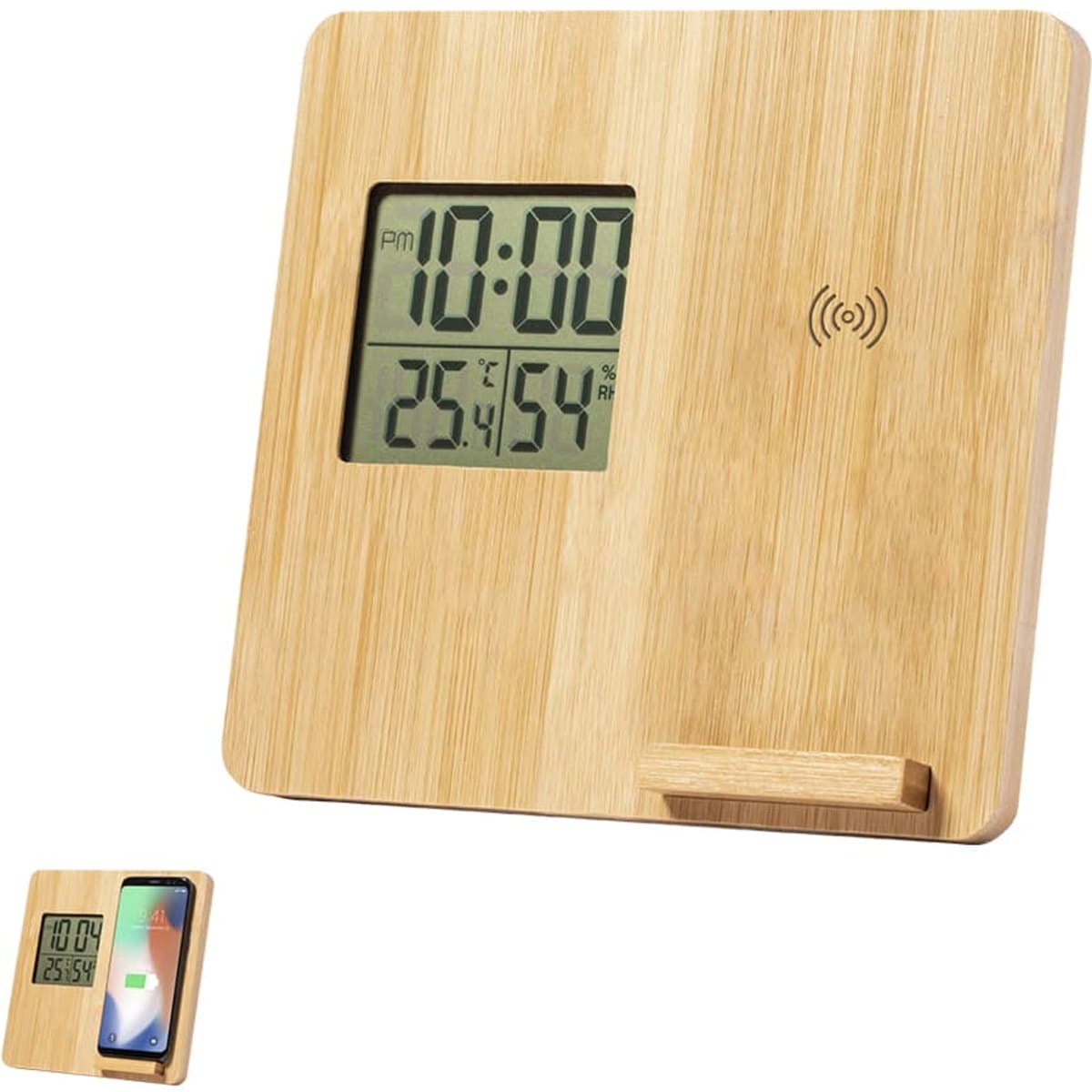 A bamboo wireless charger with a digital clock display, showing time and temperature. It has a built-in stand.