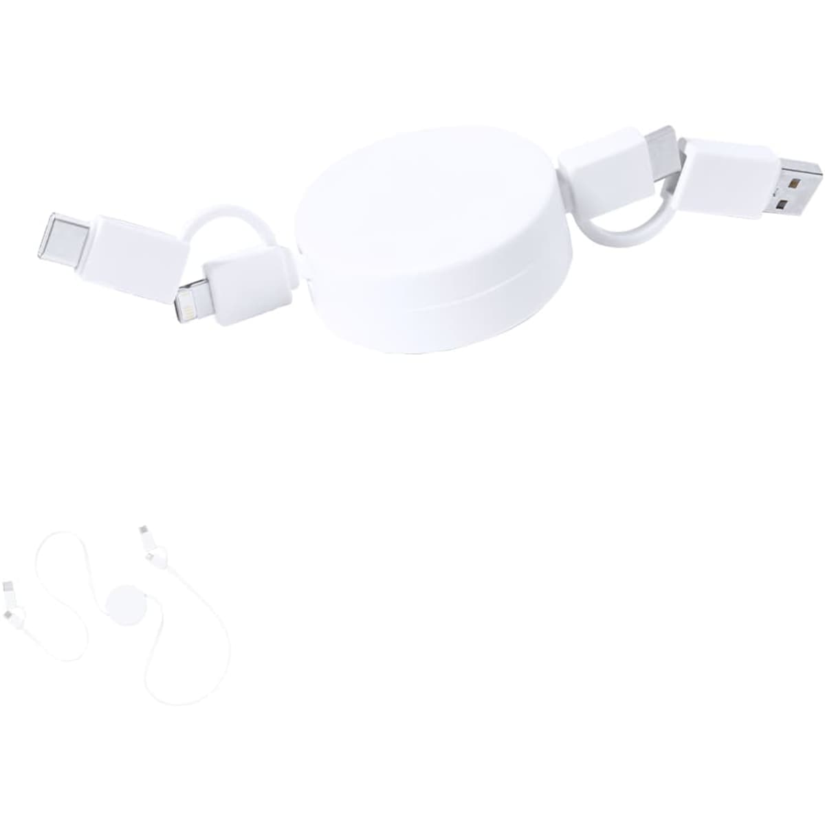 A white charging cable with multiple connectors, featuring a compact circular design and a logo.