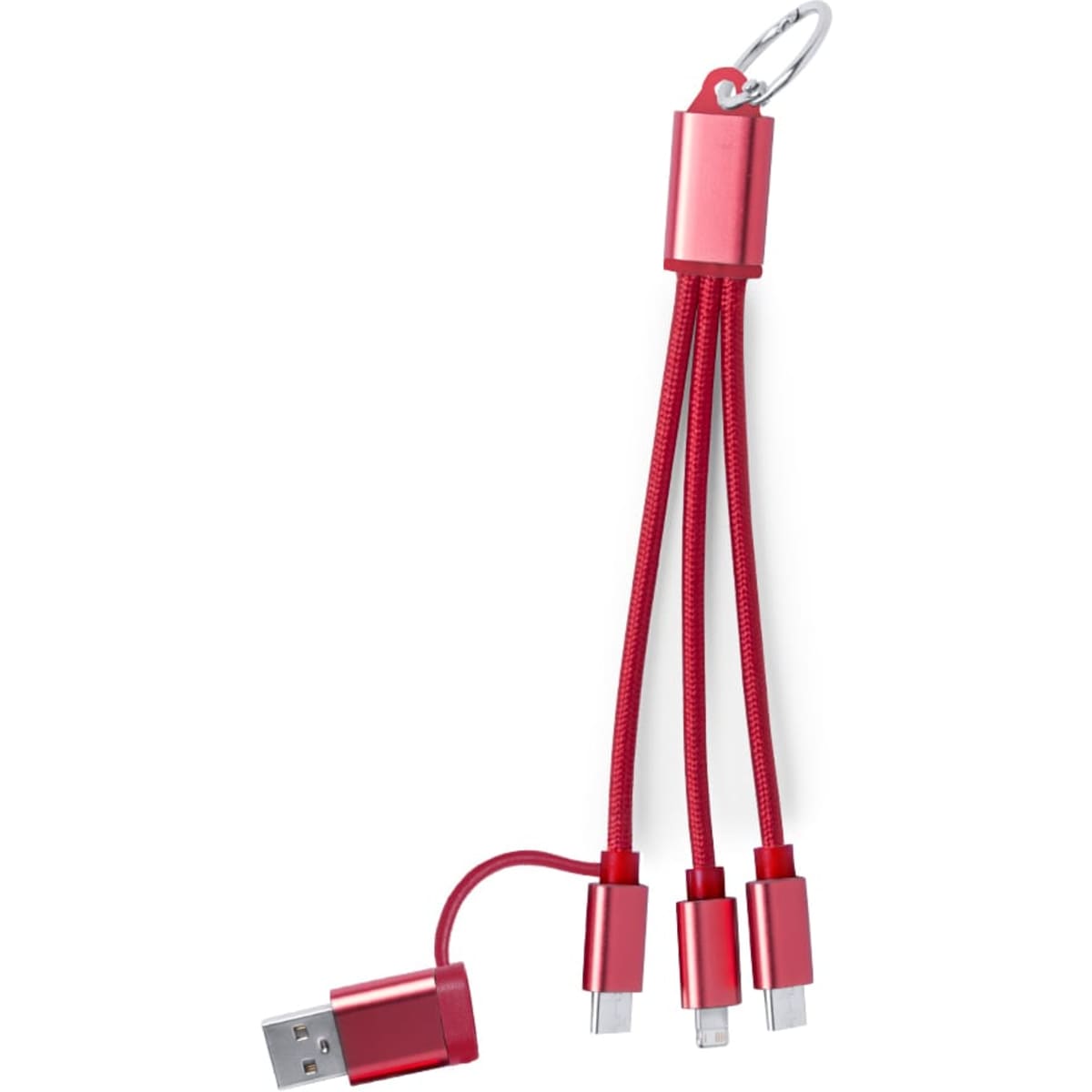A red charging cable with a keychain, featuring three connectors for different devices. It has a metallic casing and a logo.