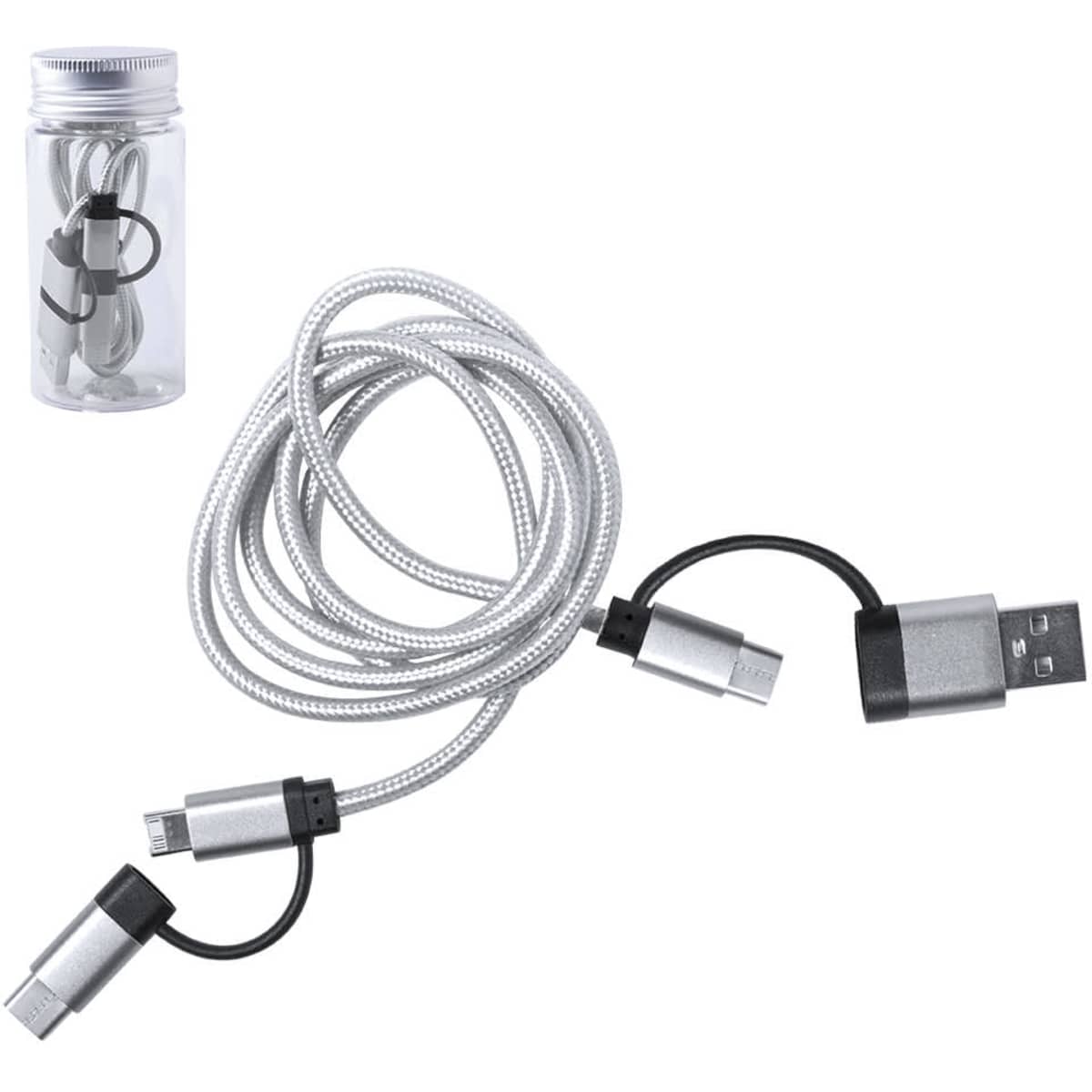 A silver charging cable with multiple ends contained in a circular clear case. The cable has a braided design.
