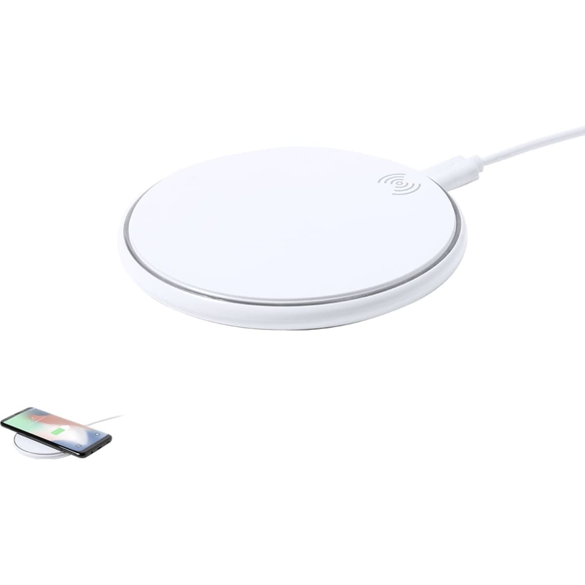 A wireless charger in white with a sleek round design, featuring a subtle logo and a connected power cable.