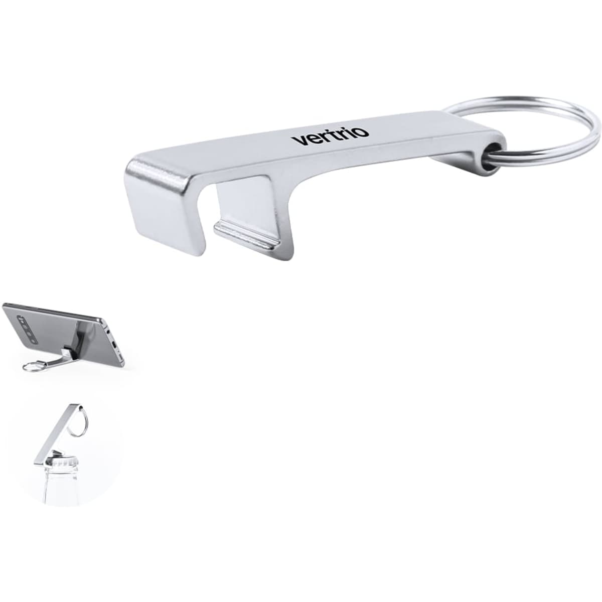 A silver keyring tool with a keychain, designed for opening bottles and holding devices.