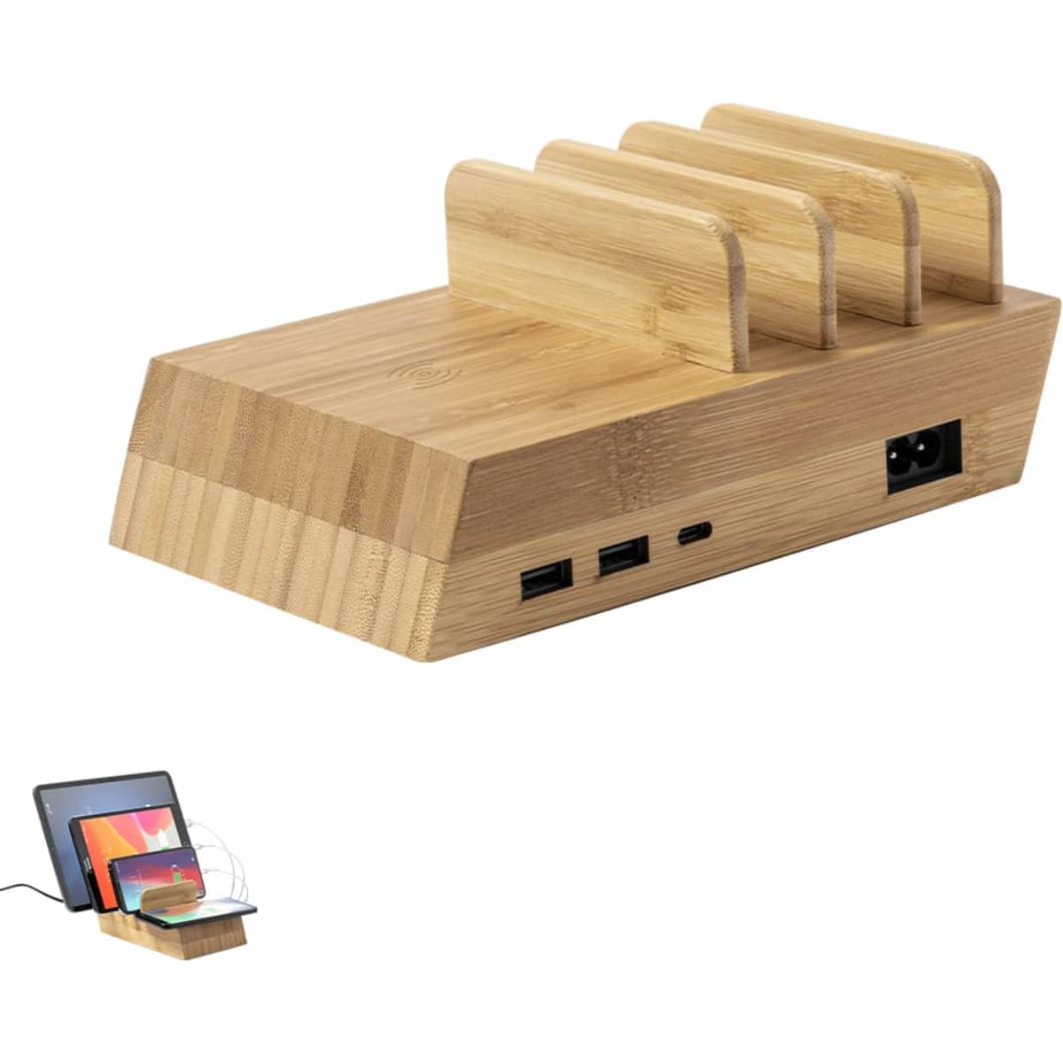 A wooden wireless charger with multiple slots and USB ports, featuring a natural bamboo finish.