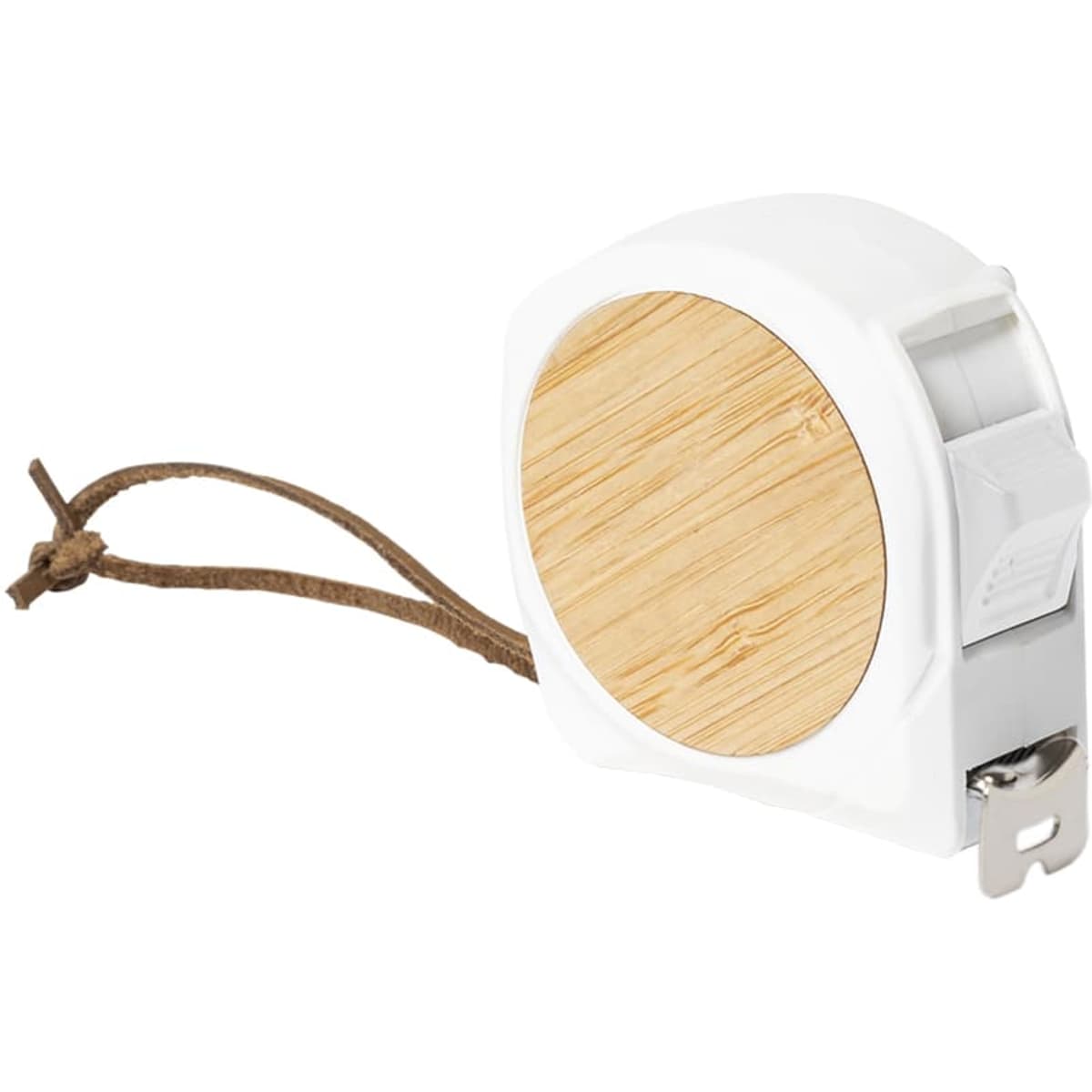 A white tape measure with a bamboo top and a brown cord. It features a metal hook for easy use.