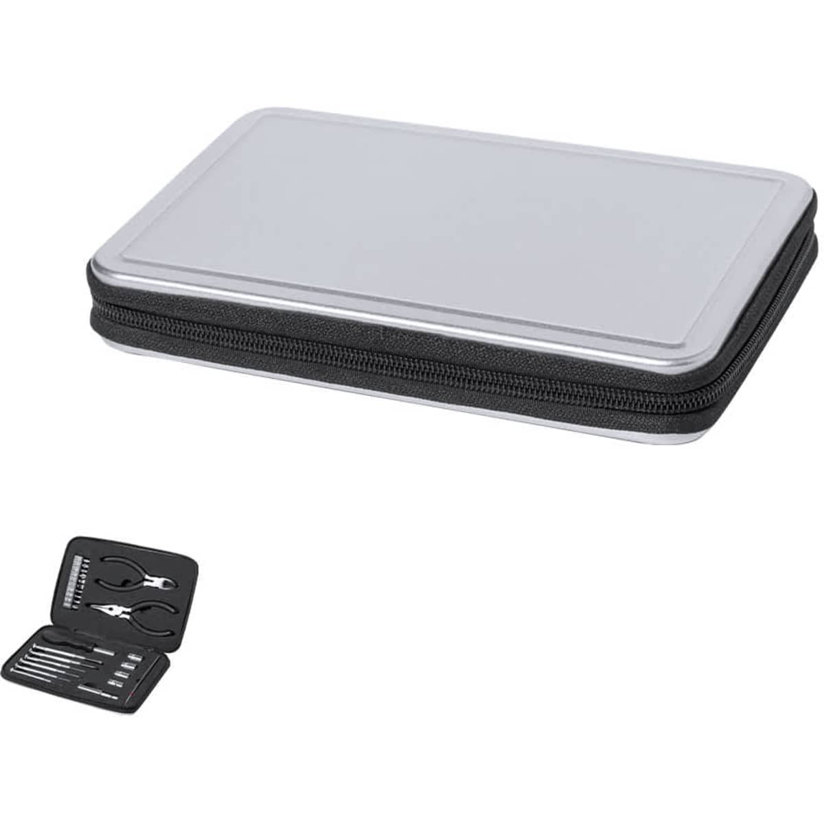A silver multi-tool kit in a black zippered case featuring various tools inside. It has a branded logo.