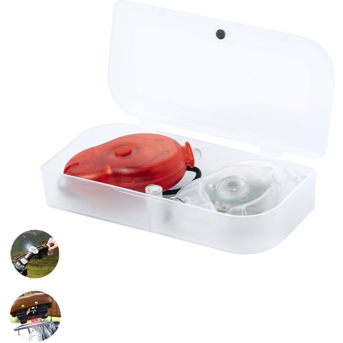A red and clear bike light set in a transparent case, featuring two lights and a logo.