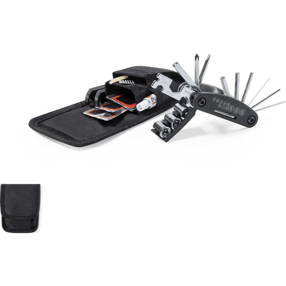 A multi-tool with various screwdrivers and tools, housed in a black carrying pouch. Features a logo on the pouch.
