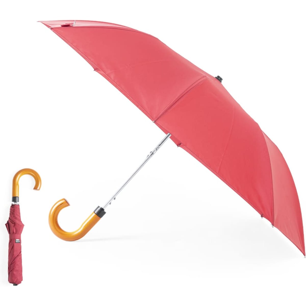 A red umbrella with a curved orange handle, displayed alongside a folded version of the same umbrella.