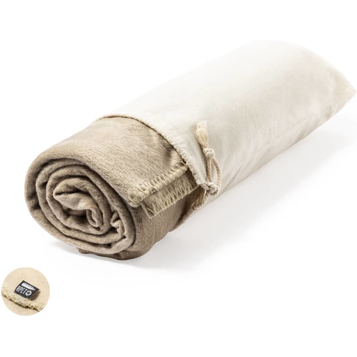A rolled Bibbly Blanket in beige and cream colours, featuring a tag and tied with a cord.