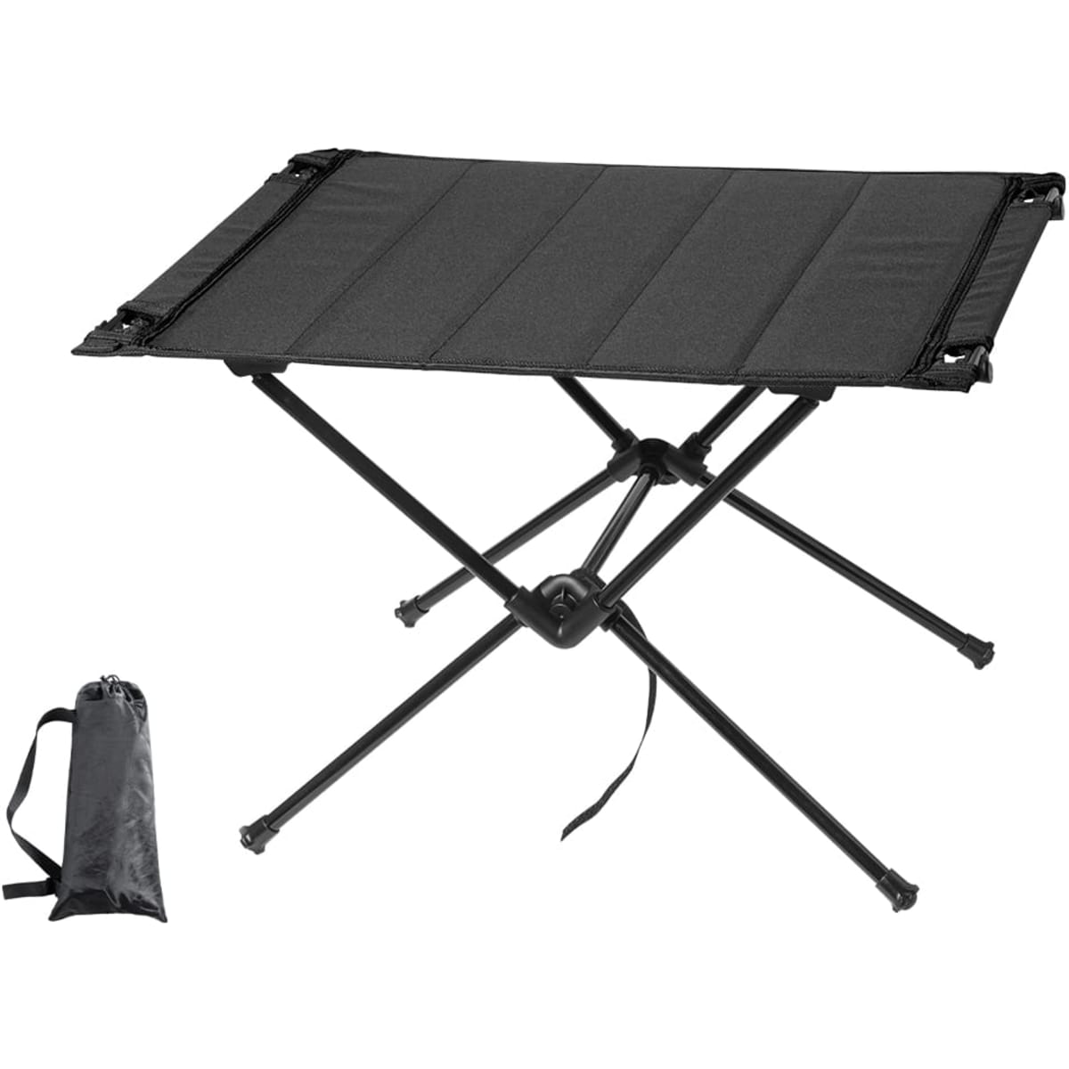 A portable black barbecue table with a folding design, accompanied by a matching storage bag.