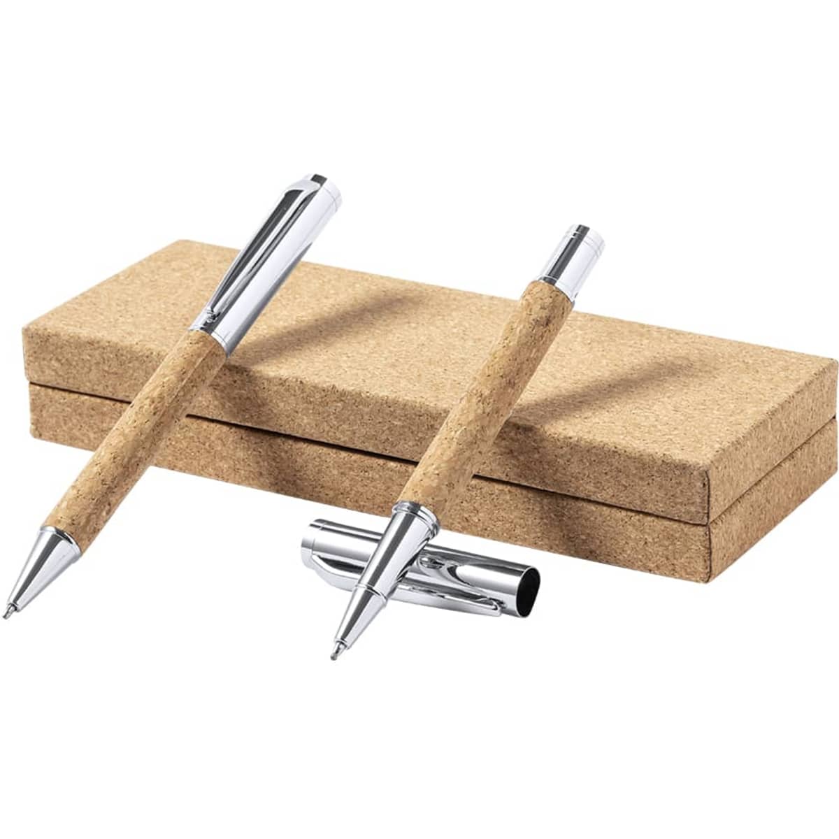 A metal pen set with cork designs and a sleek chrome finish, presented in a rectangular box.