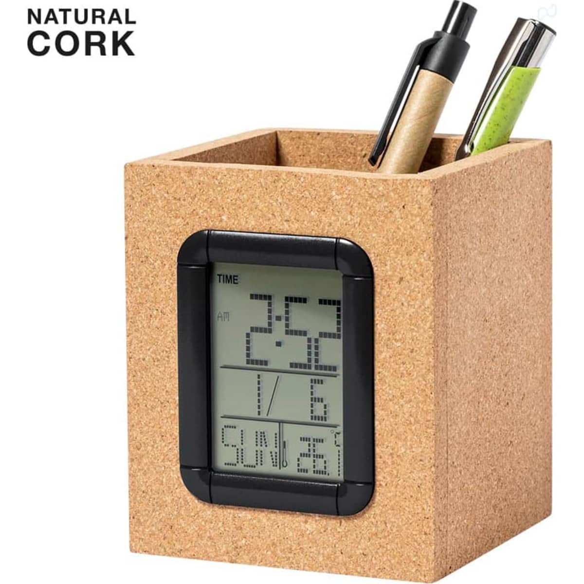 A cork pencil holder featuring a digital clock display, with black accents and space for writing instruments.